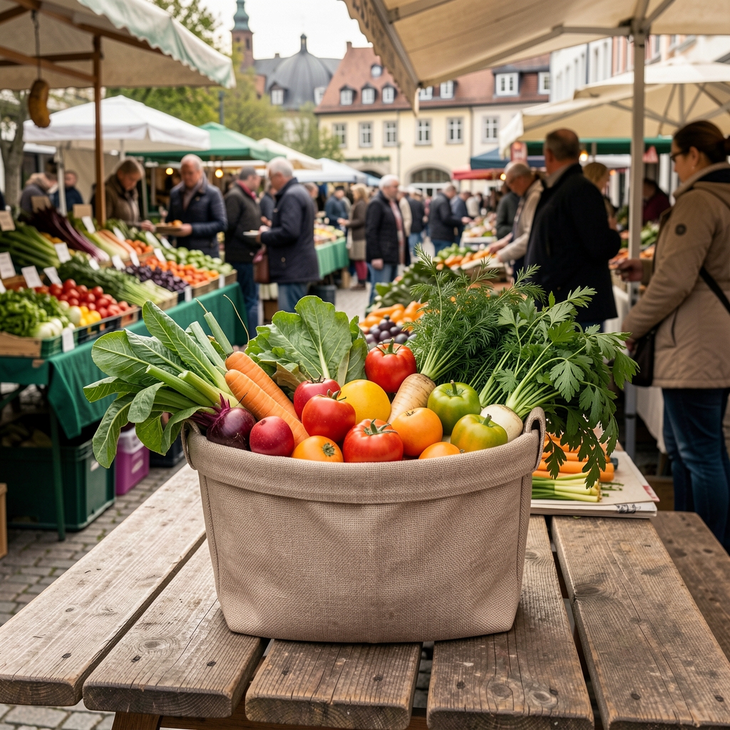 Frische Markteinkäufe — bunte Gemüsesorten und Kräuter in einem Leinenkorb auf einem Holztisch im Freien an einem Zürcher Wochenmarkt