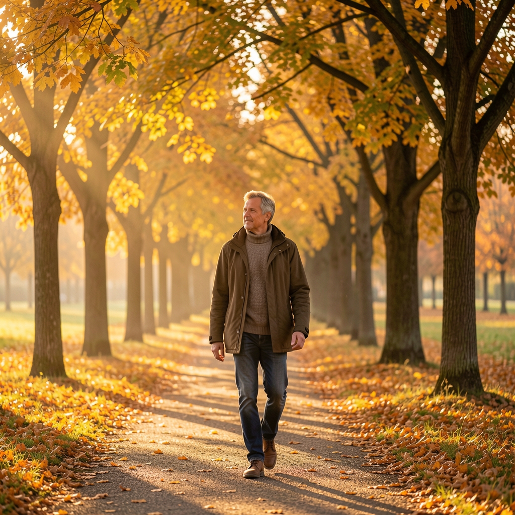 Person beim ruhigen Morgenspaziergang in einem Schweizer Stadtpark, goldenes Herbstlicht filtert durch Baumkronen, entspannte Körperhaltung