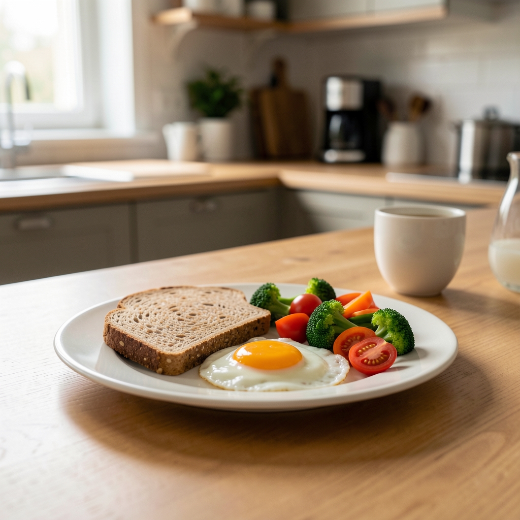 Selbst zubereitetes ausgewogenes Frühstück mit Vollkornbrot, frischem Gemüse und einem Ei auf einem hellen Teller, Tasse Kaffee daneben, ruhige Küchenatmosphäre
