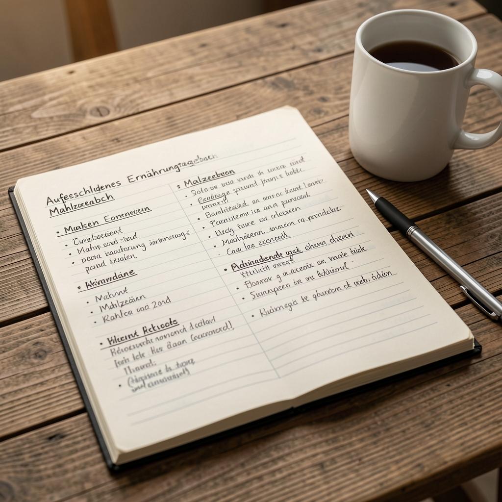 Aufgeschlagenes Ernährungstagebuch mit handschriftlichen Einträgen zu Mahlzeiten und täglichen Aktivitäten, Stift und Tasse auf einem Holztisch