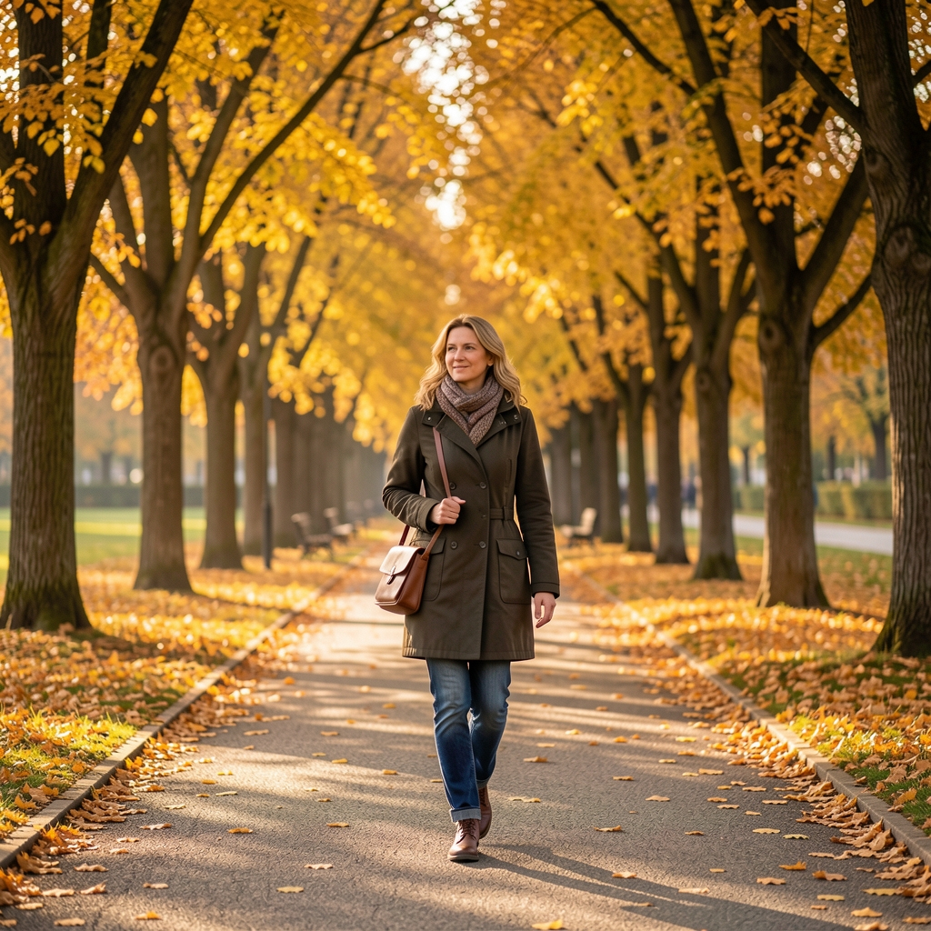Frau beim entspannten Morgenspaziergang in einem Zürcher Park, herbstliche Allee mit goldenem Laub, natürliches Morgenlicht