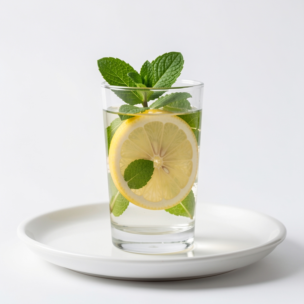 Wasserglas mit Zitronenscheibe und frischen Minzblättern auf einem weissen Tablett, heller Hintergrund, Flüssigkeitszufuhr als Tagesritual